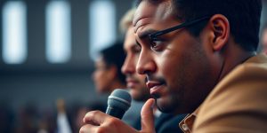 Cetățean atent la un discurs politic, exprimând interes.