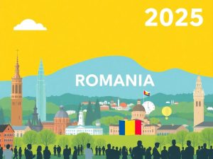 Peisaj politic al României, cu clădiri și oameni discuțând.