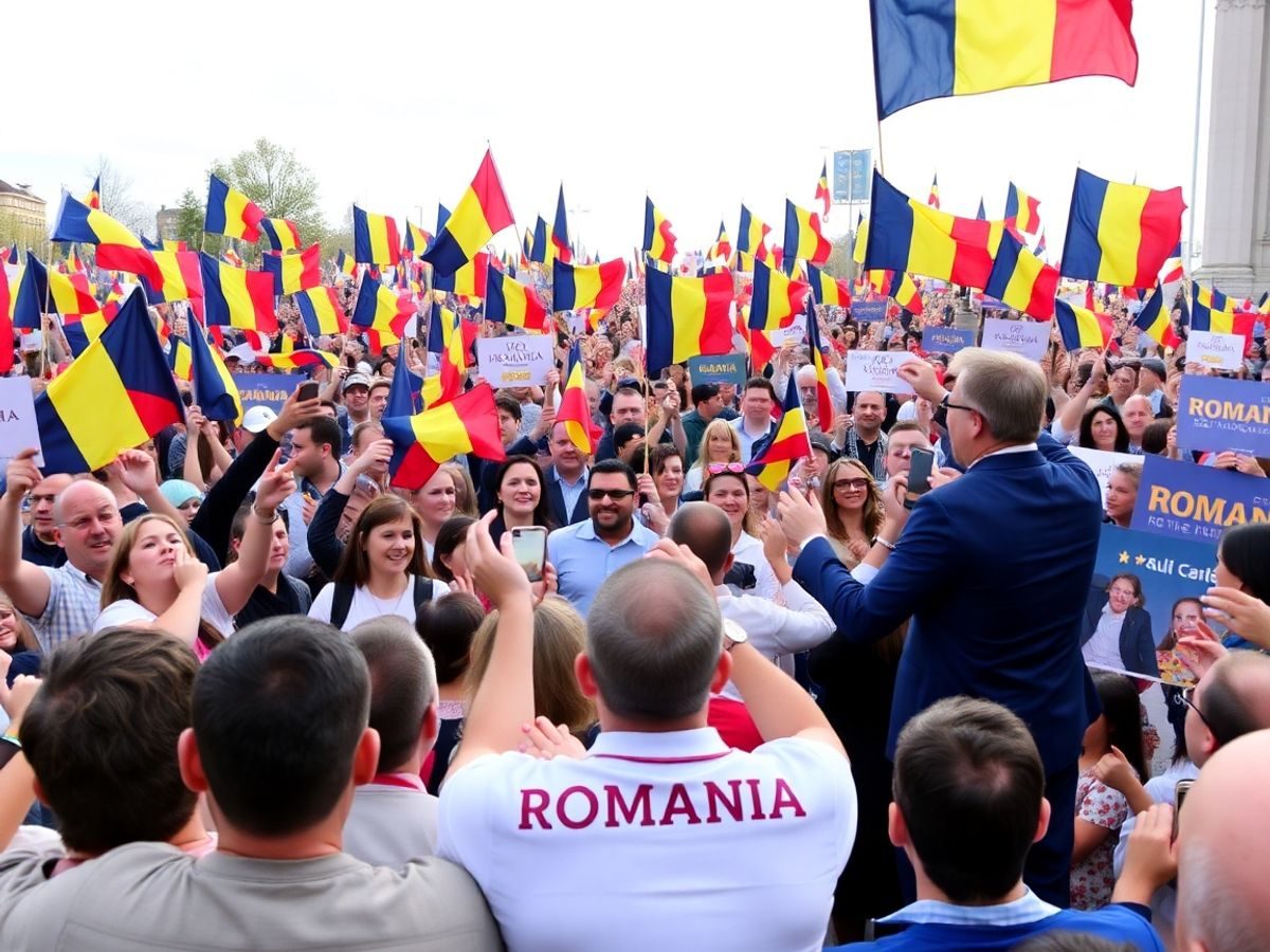 Raliu politic în România, susținători entuziaști și steaguri.