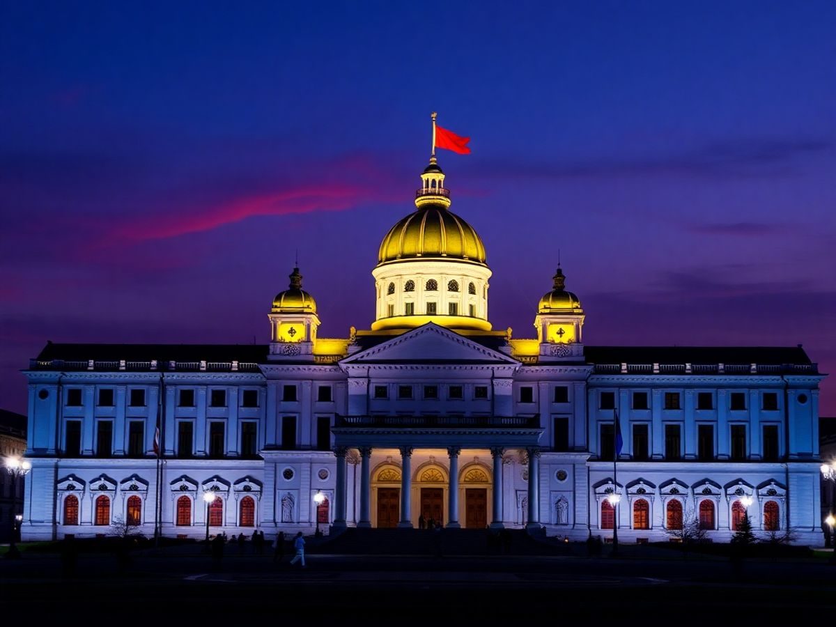 Clădirea Parlamentului României iluminată la apus.