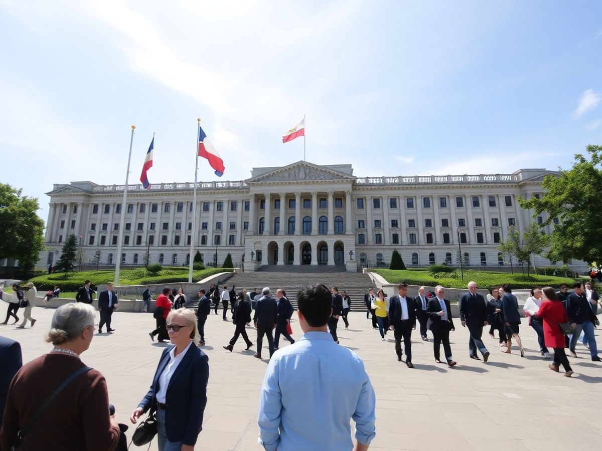 Clădirea Parlamentului, steaguri, oameni, cer senin.