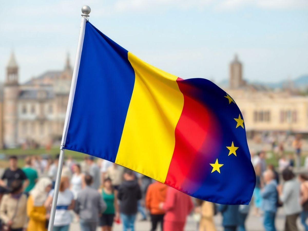 Drapel România, stele UE, hărți, oameni