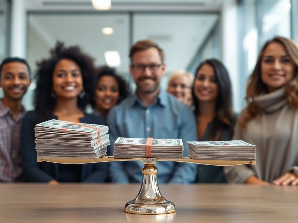 Bani, balanță și oameni discutând