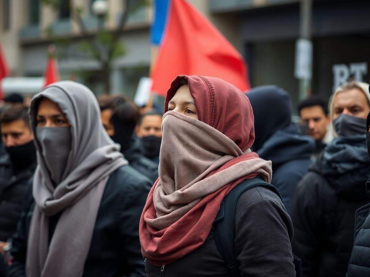 Oameni cu fețele acoperite, demonstrând în stradă.