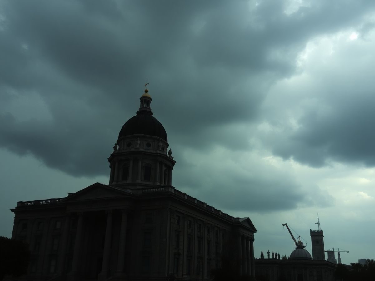 Clădire guvernamentală cu fum în fundal.