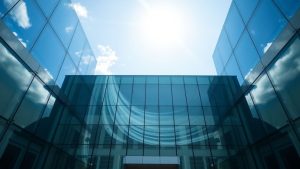 Clădire guvernamentală transparentă cu cer senin.