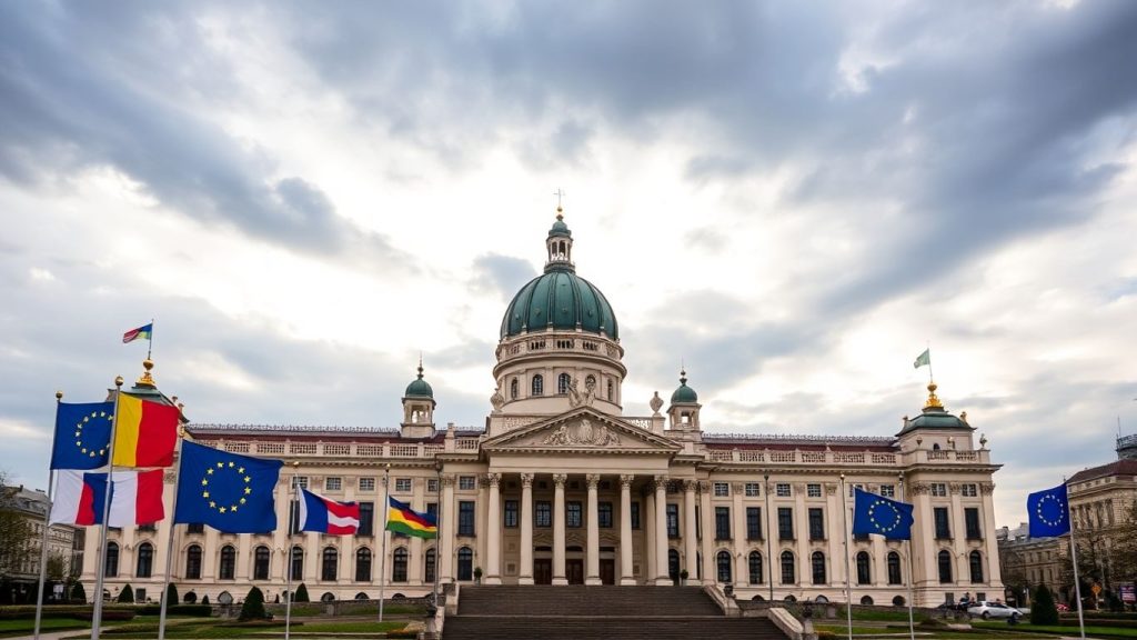 Cum influențează geopolitica regională deciziile interne ale României 1 Parlamentul României cu steaguri internaționale pe fundal